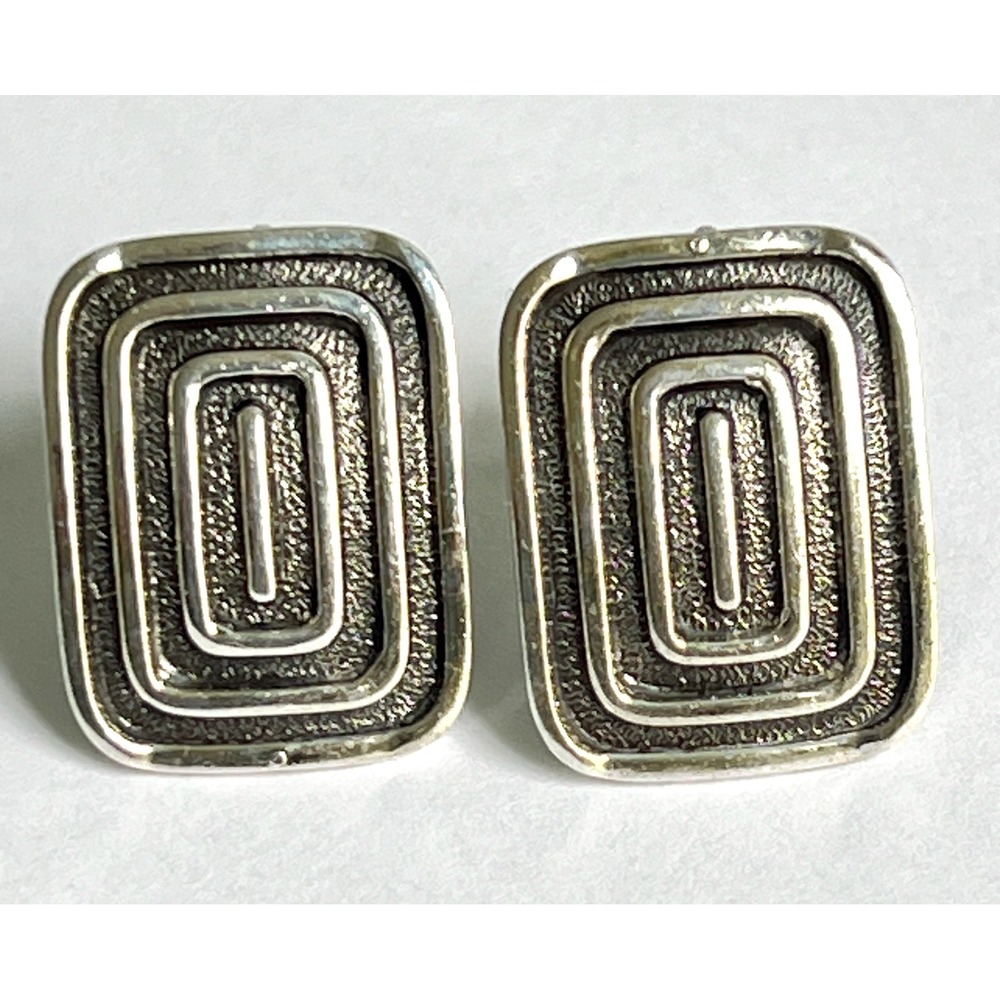 Vintage Signed Beau Sterling Silver Screw Back Earrings Rectangle Brutalist 1980